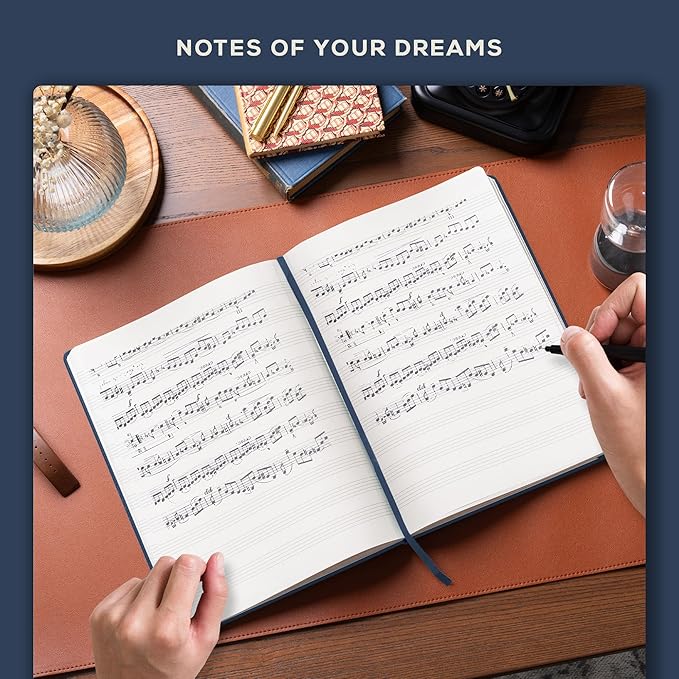 BEECHMORE BOOKS Blank Sheet Music Notebook – A4 8.5x11.5 for Songwriters, Musicians & Composers, 156 Thick 120gsm Pages, 10-Staff Perforated Sheets, Vegan Leather Hardcover, Elastic Closure, Gift Box