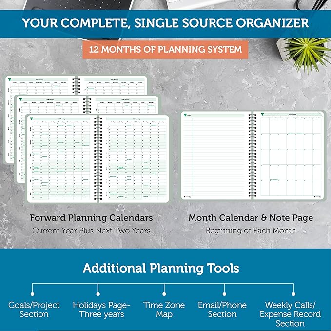 Planner Pad Spiral Bound January-December 2025/ Calendar Year 6 3/4" x 8 1/2" Medium 3-Tier Funnel Down 12 Month Organizer, Greenish Grey Cover/Soft Green Ink