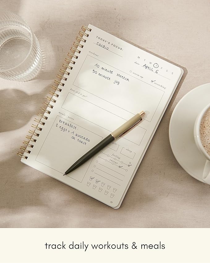 Kunitsa Co. Fitness Journal for Women - Track Workouts, Meals, and Weight Loss, Undated, Fits 120 Workouts, Dusty Blue, 6 x 8.5 Inches