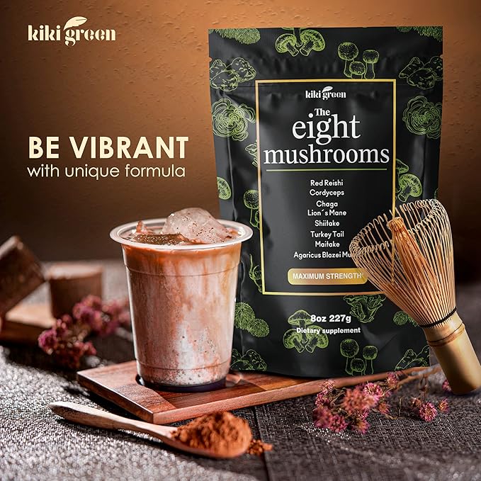 KIKI Green 8 Mushrooms Powder Extract - Supplement Blend 8 oz - Lion's Mane, Reishi, Chaga, Cordyceps, Maitake, Shiitake - for Focus and Energy - Add to Coffee and Smoothies