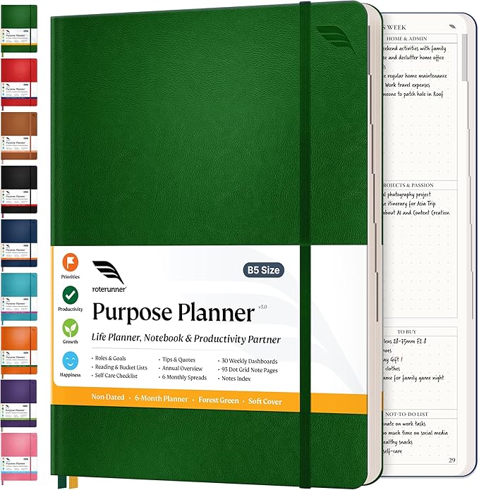 Roterunner Purpose Planner Notebook B5 7.5”x9.8” Undated Planner 2025 Daily Weekly and Monthly Productivity Goal Setting Tool for Work Home ADHD Planner for Adults Self Care Journal