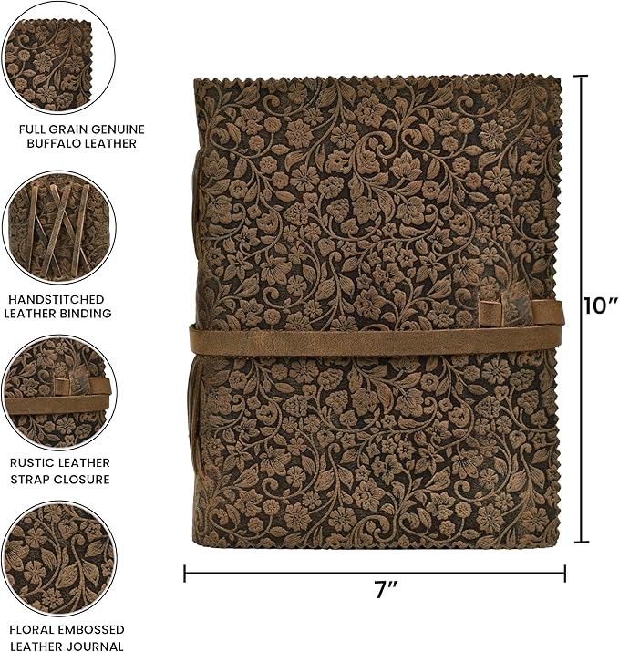 LEATHER VILLAGE Leather Bound Floral Embossed Journal for Women Men - 200 Pages, 10X7 Inches, Brown - Book of Shadows, Vintage Blank Paper Travel Diary, Notebook for Writing, Drawing, Sketchbook