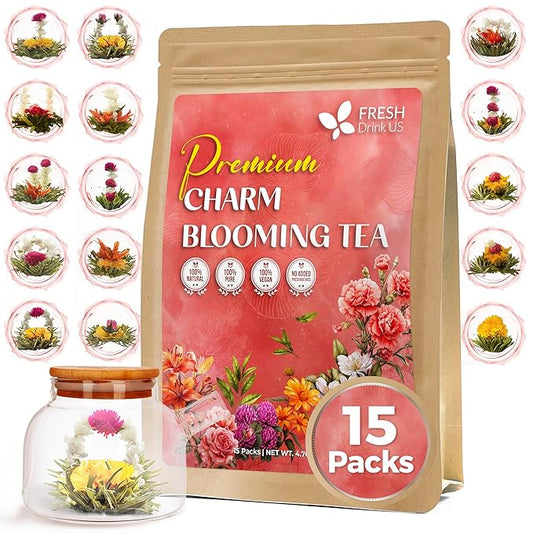 FreshDrinkUS, Premium 15 Flowering Tea Balls – Green Tea, Lily, Jasmine, Rose, Gomphrena & More – Beautiful Hand-Tied Blooming Teas for Relaxation & Wellness – Caffeine-Free. Ideal Gift for Tea Lovers