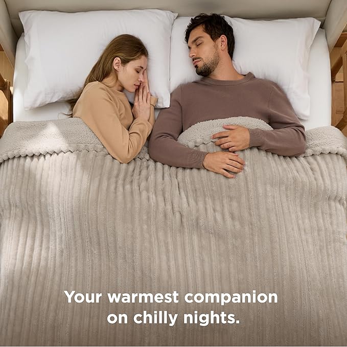 Bedsure Electric Blanket Queen Size - Thick Striped Flannel Electric Blanket with Dual Control, Heating with 10 Heat Settings & 10 Time Settings, 8 hrs Timer Auto Shut Off (84x90 inches, Linen)