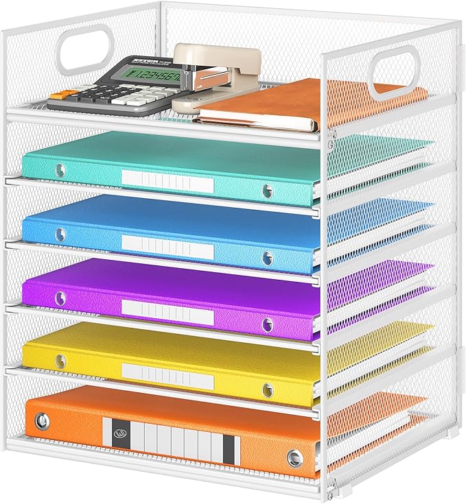 6 Tray Paper Organizer Letter Tray with Handle - Mesh Desk File Organizer, Paper Sorter Organizer for Office, Home or School File Folder Holder - White