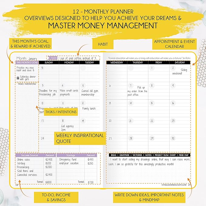 Financial Planner - Monthly Budget Planner & Monthly Bill Organizer | A 12-Month Journey to Financial Freedom | Bill Payment Tracker Organizer, Debt, Expense Tracker & Money Saving with Pockets
