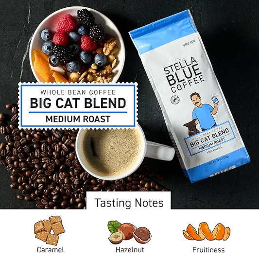 Stella Blue Whole Bean Coffee, Big Cat Blend, Medium Roast, Caramel, Hazelnut and Fruity Notes, 100% Arabica, Ethically Sourced from Central and South America, 12 oz bag