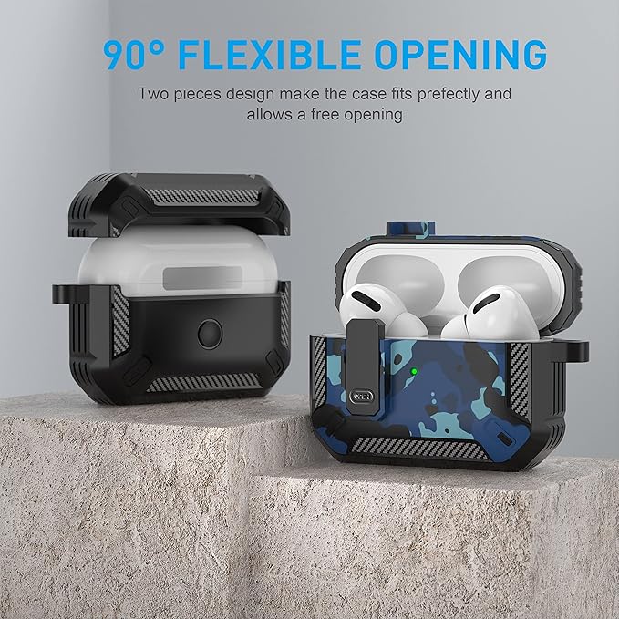 Maxjoy for AirPods Pro Case Cover with Lock, AirPods Pro 1st Generation Case for Men Military Rugged Protective Cover with Keychain Compatible with Apple AirPod Pros 2019 Front LED Visible, Blue Camo