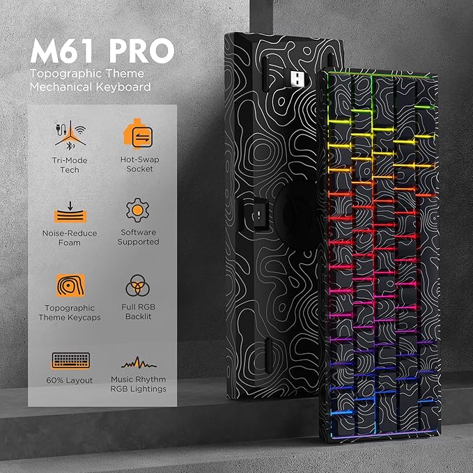 HITIME 60% Percent Keyboard, Topographic Theme Keyboard, XVX M61 Pro Bluetooth/2.4GHz/USB-C Wireless Mechanical Gaming Key Board, Hot Swappable Creamy Pre-lubed Switch, RGB