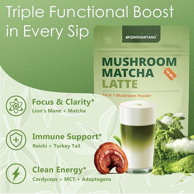 Mushroom Matcha Latte, Ceremonial Matcha Green Tea Powder with 14 Mushrooms, Probiotics and MCT Powder | Lion's Mane, Reishi & Chaga | Instant Latte Mix, Non-GMO, Vegan & Sugar-Free | 6.35 Oz