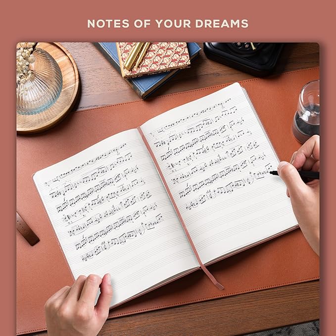 BEECHMORE BOOKS Blank Sheet Music Notebook – A4 8.5x11.5 for Songwriters, Musicians & Composers, 156 Thick 120gsm Pages, 10-Staff Perforated Sheets, Vegan Leather Hardcover, Elastic Closure, Gift Box