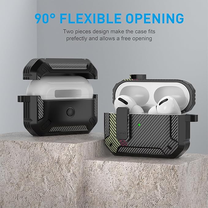 Maxjoy for AirPods Pro Case Cover with Lock, AirPods Pro 1st Generation Case for Men Military Rugged Protective Cover with Keychain Compatible with Apple AirPod Pros 2019 Front LED, Carbon Fiber Gray