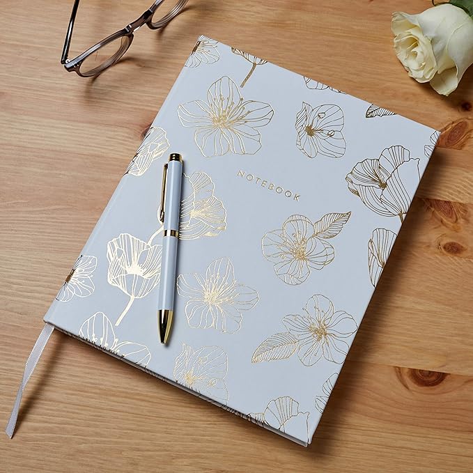 Eccolo Desk Size Hardcover Journal, 256 Lined Page Notebook with Gold Edge Paper, 8-x-10-inch, Gold Flower