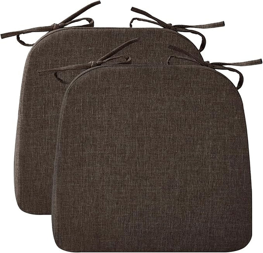 Chair Cushions for Dining Chairs, 2" Thick Seat Cushions for Kitchen Chairs, D-Shaped Chair Pads with Washable Cover, Ties and Non Slip Backing, 17'' x 16'', Set of 2, Brown