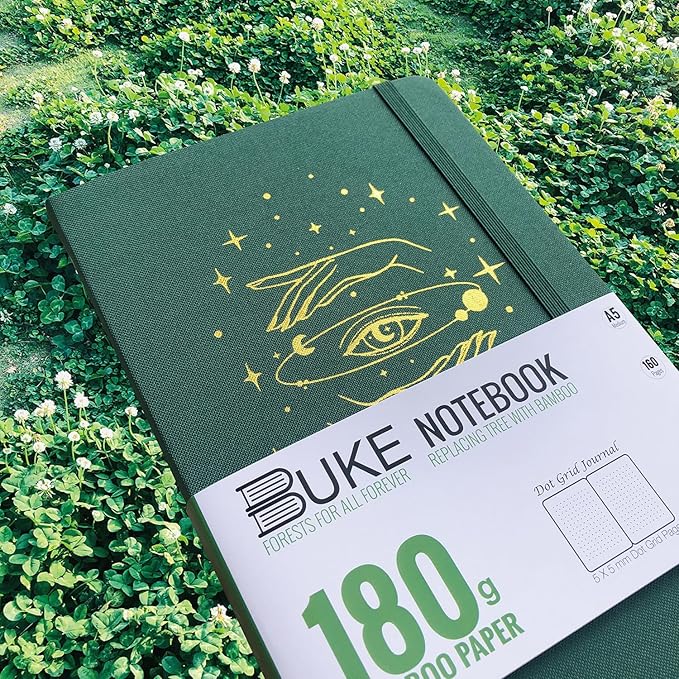 BUKE A5 Dotted Journal Dot Grid Notebook 180Gsm Bamboo White Paper, 5 * 5MM Dot Grid 160 Pages, Colored Silver Edges, Waterproof Fabric Hardcover
