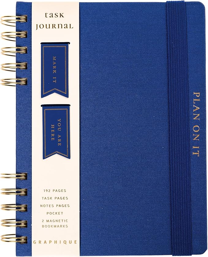 Daily Task Journal by Graphique Luxe Collection, Fabric-Wrapped Hardcover Spiral Notebook for Planning & Writing, Priority List Planner with Magnetic Bookmarks & Gold Foil Embossing,192 Pages, 6” x 8”, Colbalt Blue