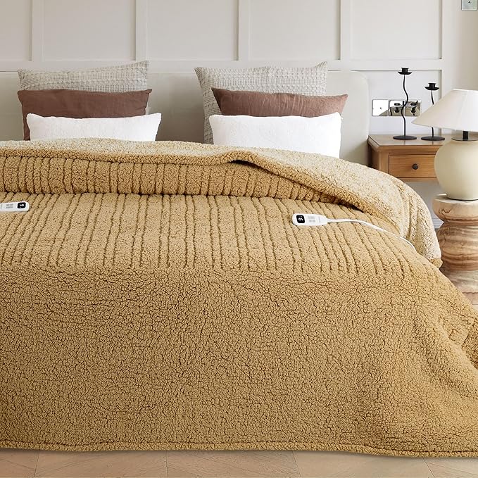 Electric Heated Blanket Queen 84x90 inches, Fast Heating w/ 10 Heat Settings & 2/4/8/10H Auto Timer, Double-Sided Sherpa, Ultra Soft & Cozy for Couch, Bed, Office, Machine Washable
