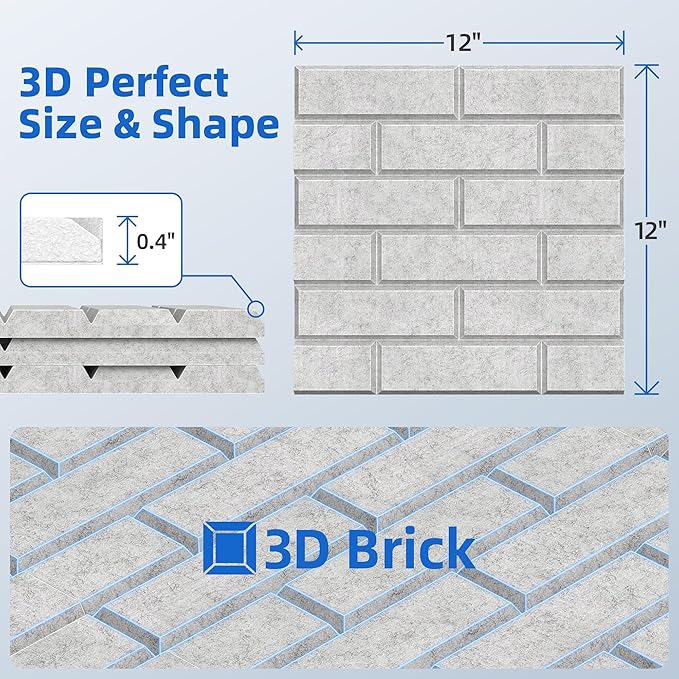 12 Pack Acoustic Panels with Self Adhesive, 12" X 12" X 0.4" High Density Sound Proof Foam Panels for Walls, Soundproof Wall Panels, Brick Sound Absorbing Panels for Home Studio Office Decor - Gray