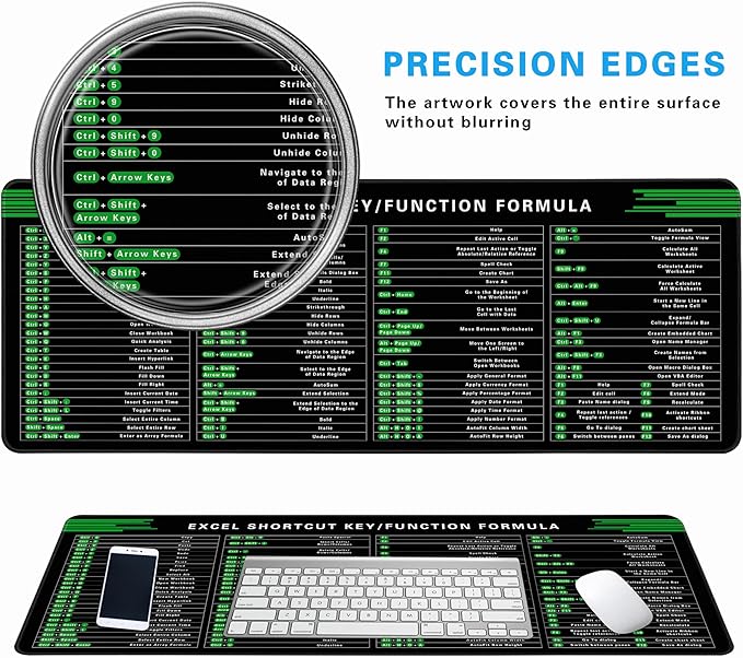 Excel Cheat Sheet Desk Pad, 31.5"x11.8", Waterproof Extra Large Excel Shortcut Mat with Stitched Edges, Anti-Slip Excel Mouse Pad for Office Desk, MS Excel/Word Shortcuts (Green Excel J)
