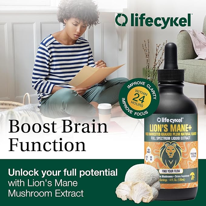 Lifecykel Lion's Mane Mushroom Extract w/Kakadu Plum- Memory Focus Clarity REM Sleep-100% Organic Mushrooms Brain Booster Nootropic Brain Supplement Focus Supplement Made in US, 2 Fl oz (30 Servings)