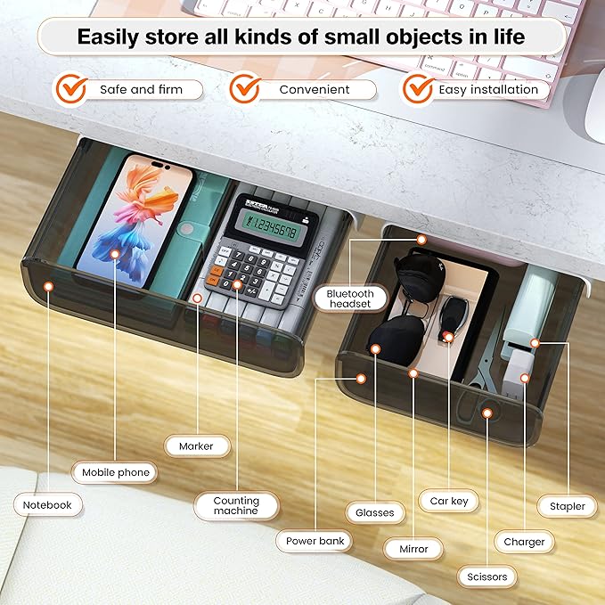 2 Pack Acrylic Self Adhesive Under Desk Drawer Slide Pull Out, Stick on Attachable Clear Black Plastic Storage Organizer, Hanging Mounted Attachment for Office, Kitchen, Cabinet, Table, Counter