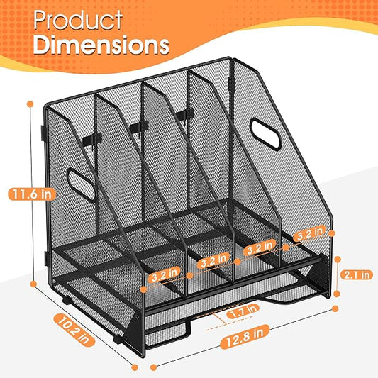 Desk File Folder Holder Organizer-4 Vertical Compartments Racks and Paper Letter Tray,Mesh Magazine File Holder Sorter,Desktop Accessories & Workspace Organizers for Home,Office,School-Black