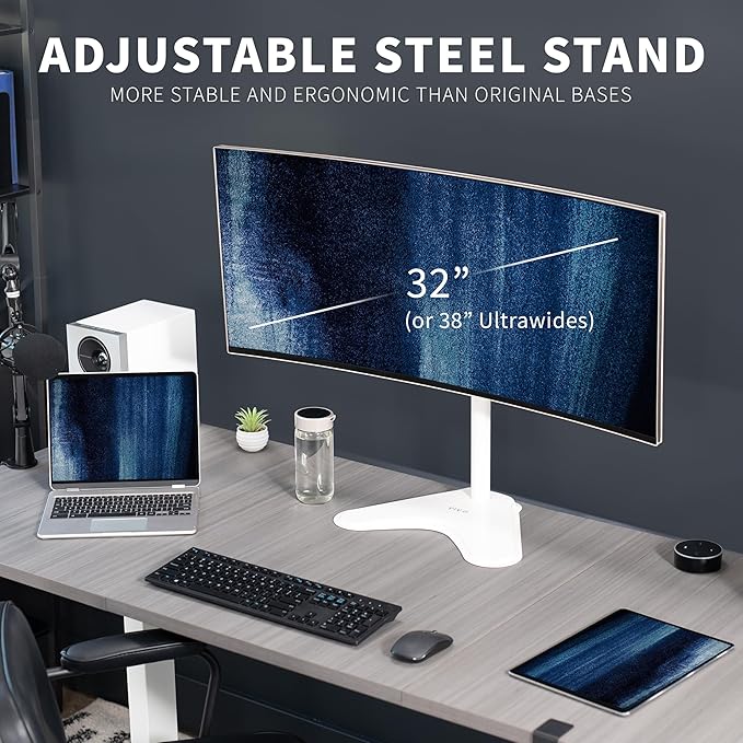 VIVO Single Monitor Desk Stand, Holds Screens up to 32 inch Regular and 38 inch Ultrawide, Freestanding VESA Steel Mount Base, Adjustable Height, Tilt, Swivel, Rotation, White, STAND-V001HW