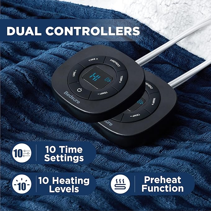 Bedsure GentleSoft Electric Blanket Queen Size - Soft Ribbed Flannel Heated Blanket with Dual Control, Heating with 10 Heat Settings & 10 Time Settings, 8 hrs Timer Auto Shut Off (84x90 inches, Navy)