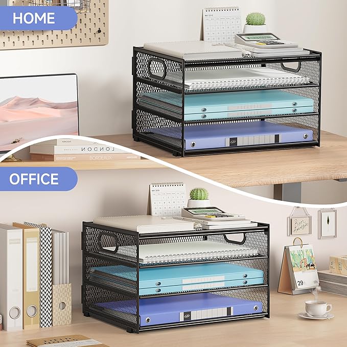 Subekyu Paper Letter Tray Organizer for Desk, Black Metal Mesh Desk File Sorter Organizer with Handle and 2 Sliding Trays for Home Office School Supplies Organization