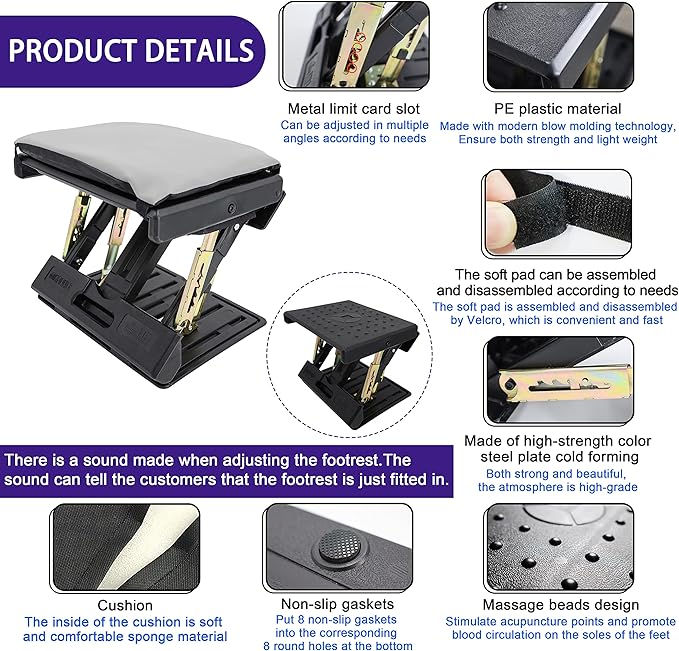 Adjustable Footrest Can Be Adjusted in Multiple Angles and States, Cushion is Detachable, Suitable for Use in Multiple Scenarios Such As Office(Gray)