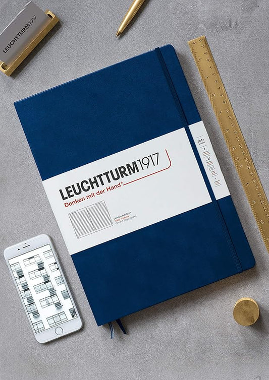 LEUCHTTURM1917 - Notebook Hardcover Master Slim A4+ - 123 Numbered Pages for Writing and Journaling (Black, Squared)