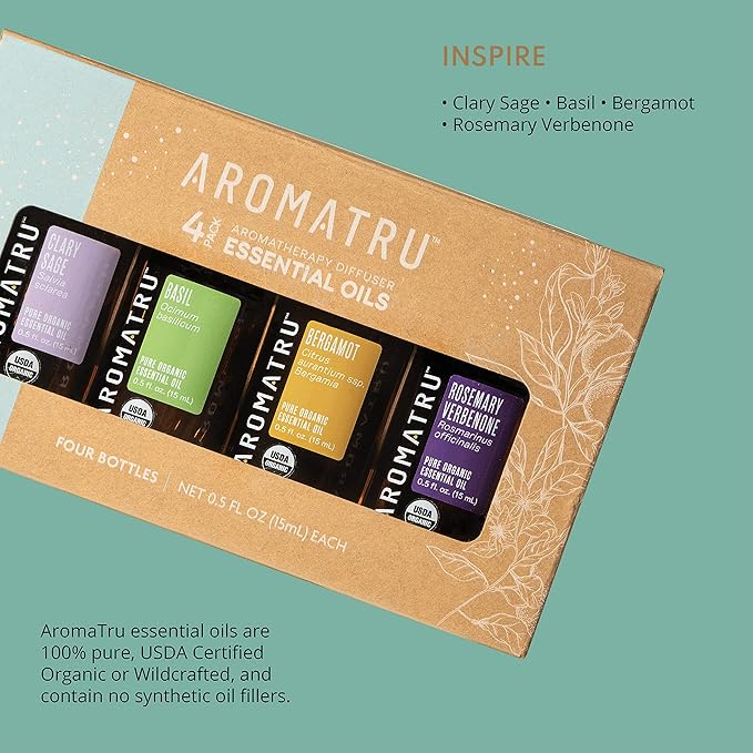 Inspire Essential Oil Kit – Clary Sage, Basil, Bergamot, and Rosemary Verbenone – Organic & Wildcrafted – ISO Certified – No Synthetic Fillers – Ethically Sourced