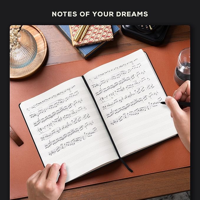 BEECHMORE BOOKS Blank Sheet Music Notebook – A4 8.5x11.5 for Songwriters, Musicians & Composers, 156 Thick 120gsm Pages, 10-Staff Perforated Sheets, Vegan Leather Hardcover, Elastic Closure, Gift Box