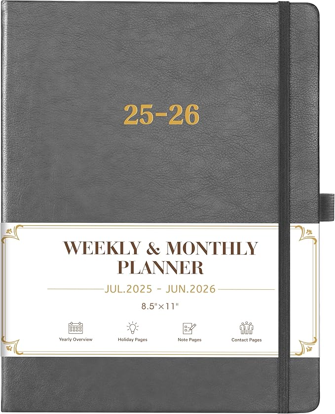 2025-2026 Planner - Weekly Monthly Planner 2025-2026, 8.5"x11", Jul.2025 - Jun.2026, Leather Hardcover, 12 Monthly Tabs, Pen Loop, Elastic Closure, Pocket, Grey