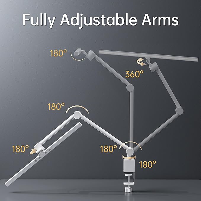 deeloop 2-Arms Swing Long LED Desk Lamp with Clamp, CRI 95+ Eye-Caring Light, USB Charging Output, 2-Hour Timer, Dimmable Desk Light with Memory, Architect Desk Lamps for Home Office Reading &Monitor