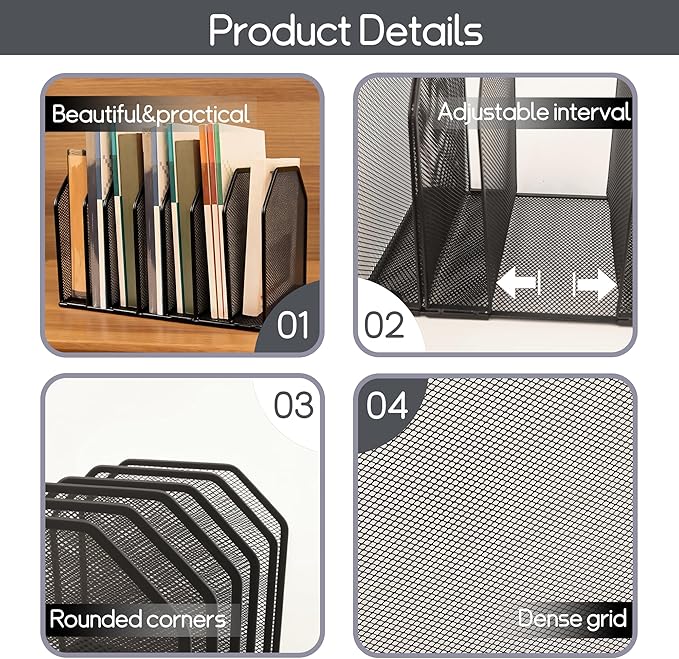 Adjustable Desk File Organizer,Detachable Office Folder Organizer,Compact Vertical Desk File Holder,Wrought Iron Paint,Suitable for Home, School, Office Classrooms (Black - 7 grids)