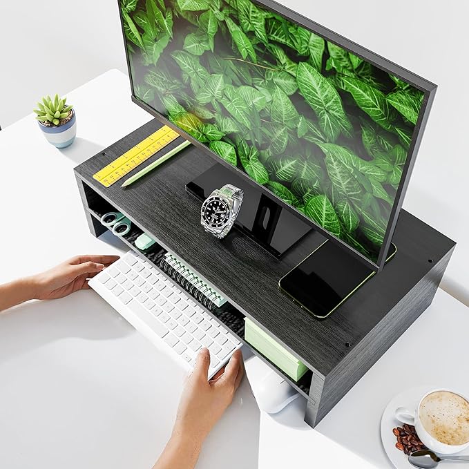 Simpple Trending Monitor Stand Riser, 2 Tier Wood Office Desk Storage Organizer for Laptop, Computer, Black