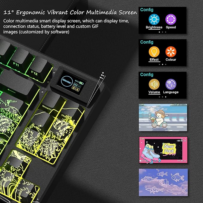 Womier 75% Wireless Mechanical Keyboard with Color Multimedia Screen Gaming Keyboard, Theme 3-Modes Hot Swappable Key Board w/Wrist Rest,SK80 PRO Gasket RGB Custom for Mac/Win,Black Kanagawa