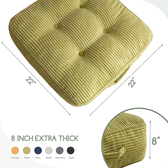 8" Washable Floor Pillow Cushion for Adults, Meditation Cushion Pillow, Large Square Floor Sitting, Removable Tufted Corduroy Cover, for Tatami Living Room or Yoga, 22x22 Inch, 2Pack, Machine Washable