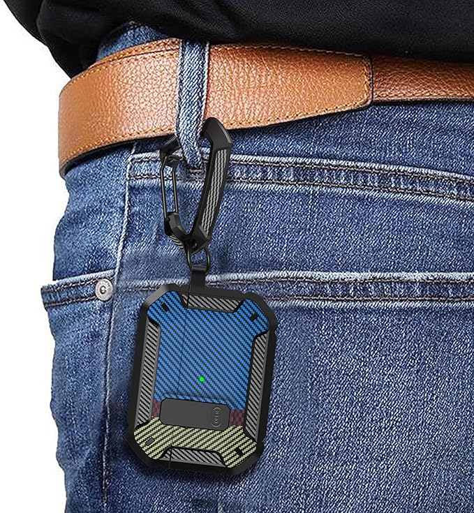 Maxjoy for AirPods Pro Case Cover with Lock, AirPods Pro 1st Generation Case for Men Military Rugged Protective Cover with Keychain Compatible with Apple AirPod Pros 2019 Front LED, Carbon Fiber Blue