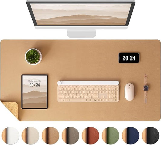 Aothia Dual-Sided Desk Pad - Leather Desk Mat, Natural Cork Desk Pad Protector, Large Mouse Pad for Desk, Waterproof Desk Blotter Pad, Desk Writing Pad for Office Work/Home, Apricot(25.6"x13.7")
