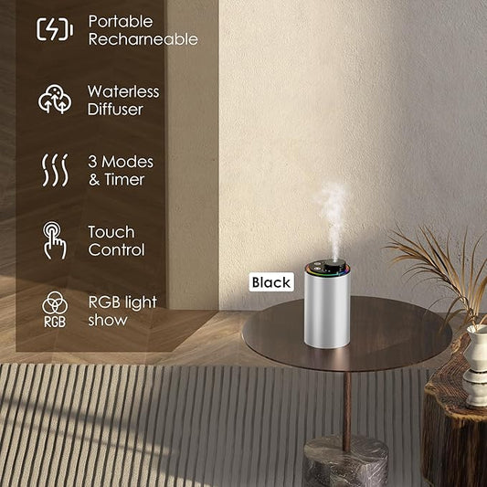 Waterless Essential Oil Diffuser,Diffuser, Portable Aromatherapy Diffuser,3 Countdown Timers & 3 Mist Levels for Home, Room, Car, Office (Silver)