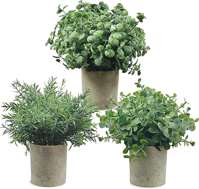 USLAI Small Potted Fake Plants(3-Pack), Mini Artificial Plastic Eucalyptus Plants Topiaries for Home Office Shelf Desk Farmhouse Room Coffee Table Decor