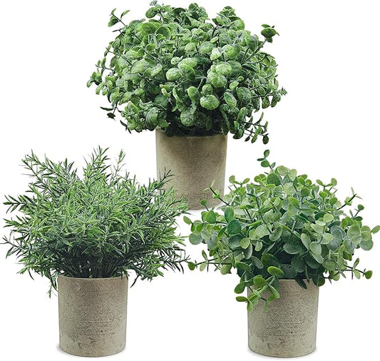 USLAI Small Potted Fake Plants(3-Pack), Mini Artificial Plastic Eucalyptus Plants Topiaries for Home Office Shelf Desk Farmhouse Room Coffee Table Decor