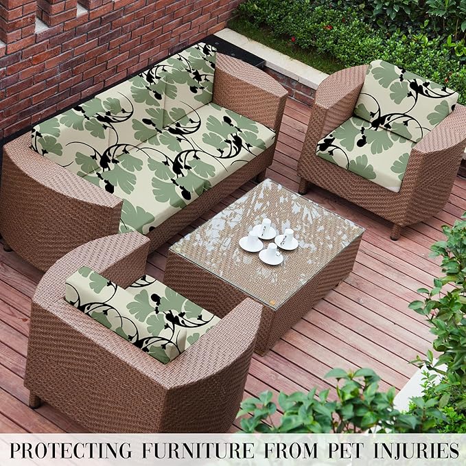 8Pcs Stretch Patio Cushion Covers Outdoor Cushion Cover, Jacquard Stretch Cushion Covers, Cover Replacement, Outdoor Sofa Covers, Washable Furniture Couch Cushion Cover (Green Vine)