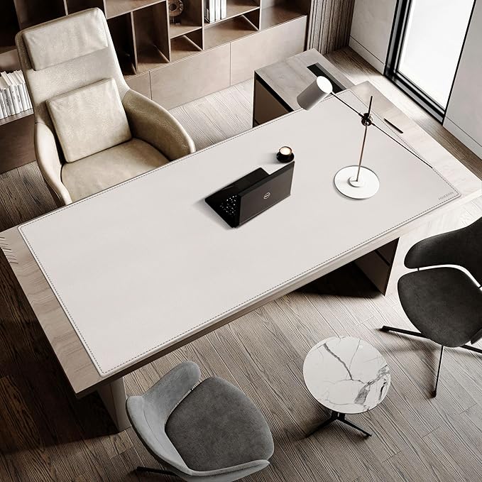 MAIDERN 63”x 31.5” Leather Desk Pad, Large Desk Mat, Cork & Leather Large Mouse pad for Desk, Waterproof Computer Desk Pad for Gaming Home Office (Cream)