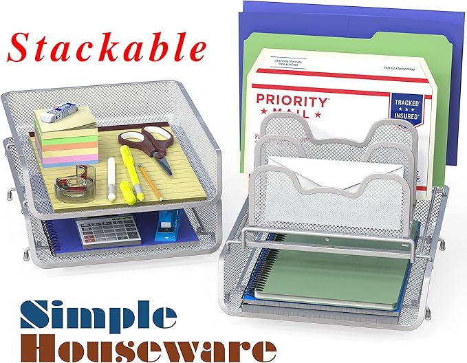 Simple Houseware 3-Tier Stackable Desk Organizer with 5 Compartments - Letter Tray and Step File Sorter, Silver