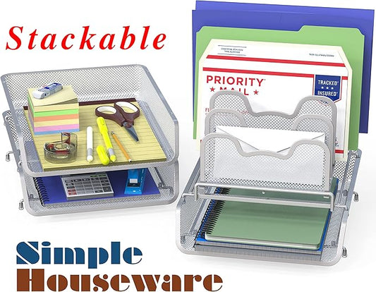 Simple Houseware 3-Tier Stackable Desk Organizer with 5 Compartments - Letter Tray and Step File Sorter, Silver