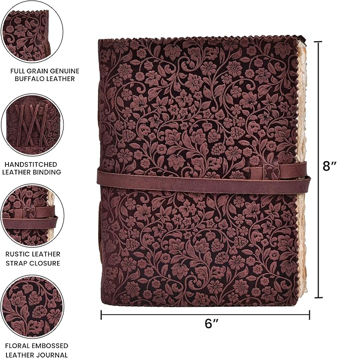 LEATHER VILLAGE Leather Bound Floral Embossed Journal for Women Men - 200 Pages, 8”X6”(A5), Fuchsia - Book of Shadows, Vintage Blank Paper Travel Diary, Notebook for Writing, Drawing, Sketchbook