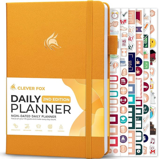 Clever Fox Daily Planner 2nd Edition – Undated Time Block Task Organizer with Hourly Schedule & to-do List – A5, 6 Months (Amber Yellow)